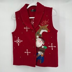 Lisa International Womens Ugly Christmas‎ Vest Size S Boiled Wool Santa Snowman